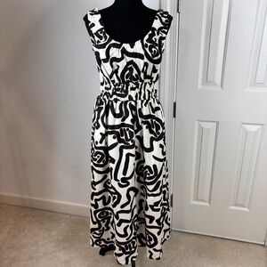 REISS Akari Printed Midi Dress Brown White Sleeveless Gathered Waist Size 2 NWOT